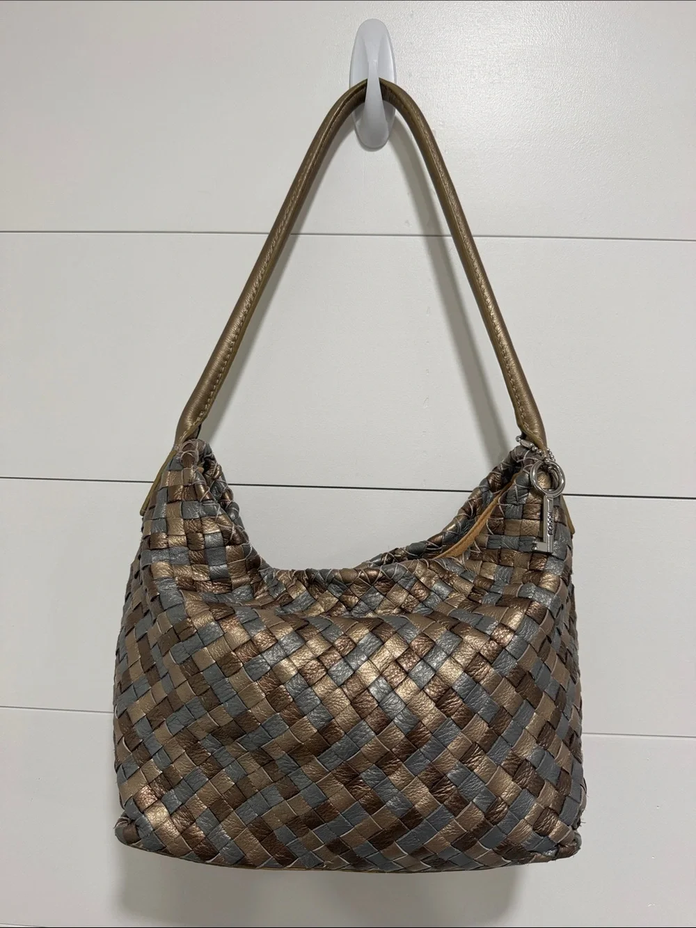 Fossil Woven Handbag Bronze Silver Gold Hobo Bag Purse Skeleton Key Charm